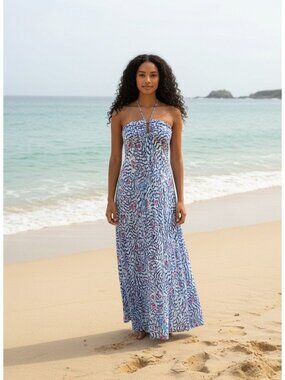 Poupette St. Barth Carla Blue & Pink Printed Halter Maxi Dress M Cottagecore Bea